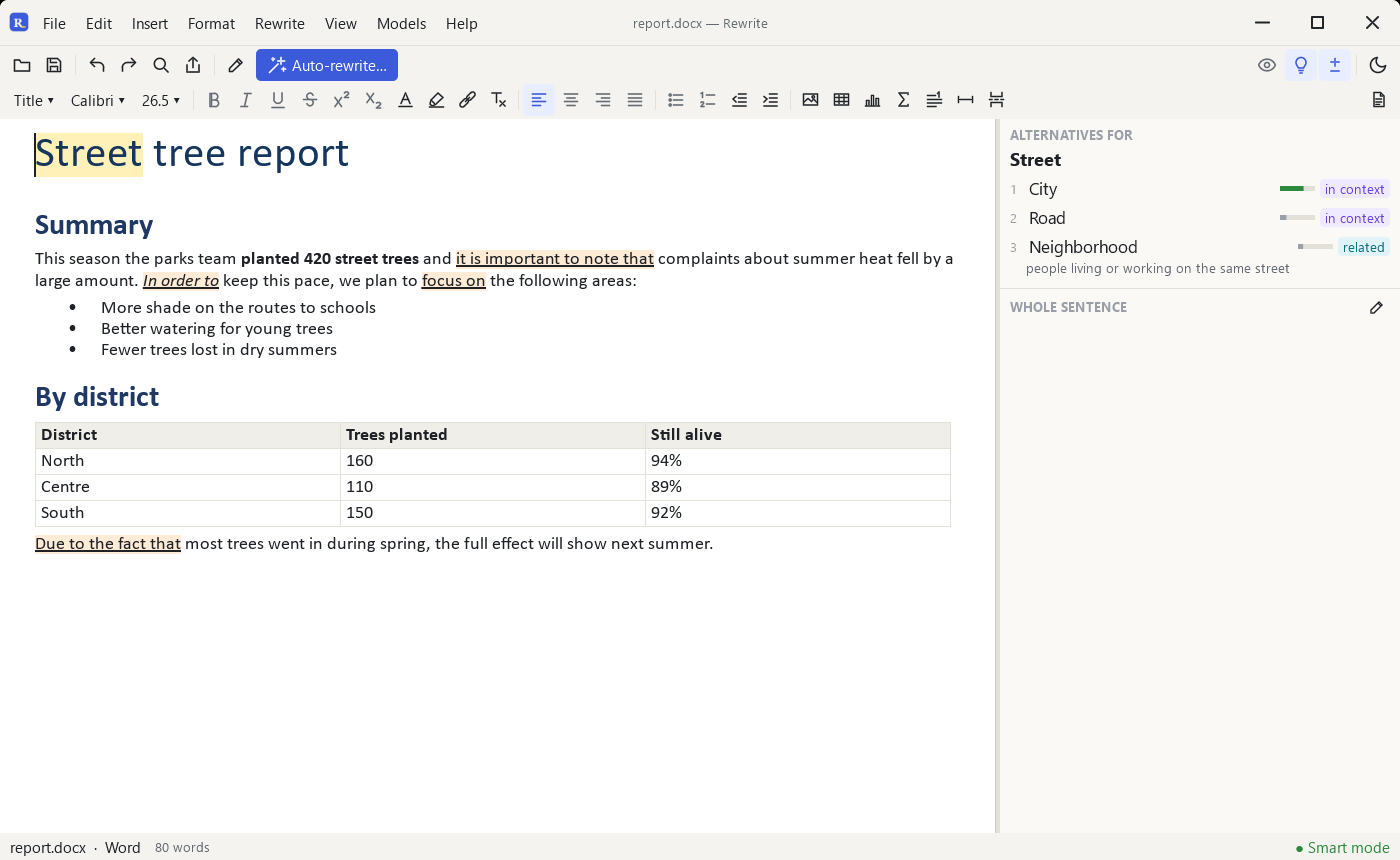 A Word report open in Rewrite